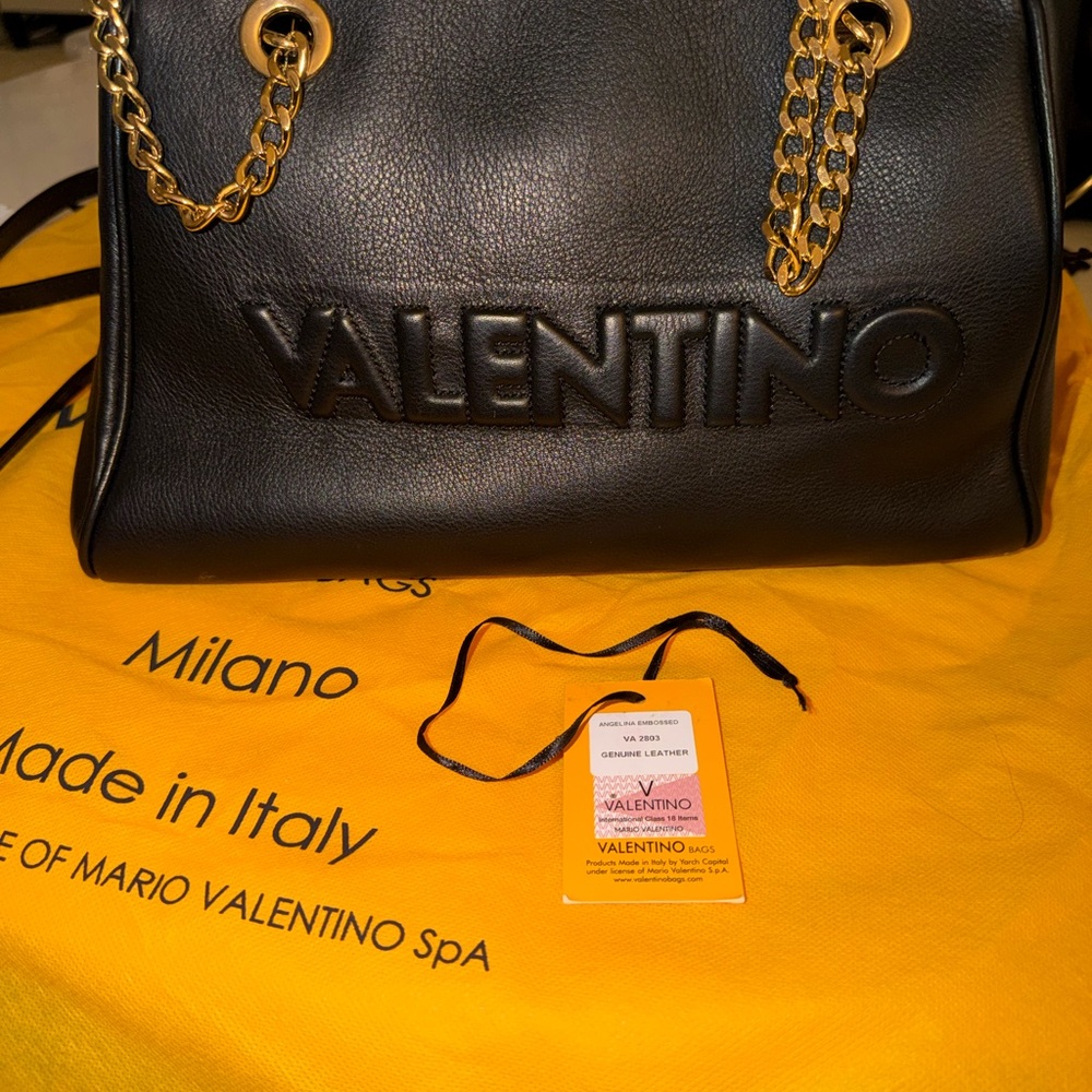 Valentino Black Leather Shoulder Bag with Gold Chain